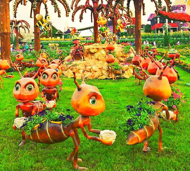 The Ants Colony is decorated with Petunia flowers on their backs at the Dubai Miracle Garden.