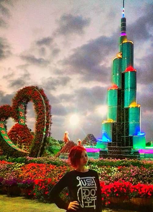 Evening photograph of Burj Khalifa Tower at the Dubai Miracle garden