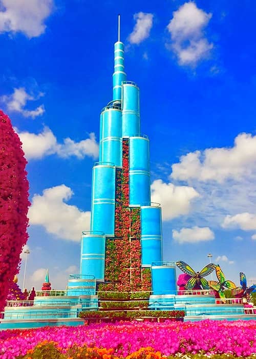 Burj Khalifa Tower is decorated with Petunia and Marigold Flowers at the Dubai Miracle Garden