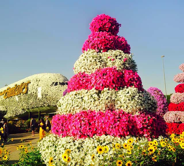 Colorful fountains are decorated with Petunia flowers.