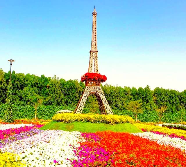 Eiffel Tower photographs at Dubai Miracle Garden.