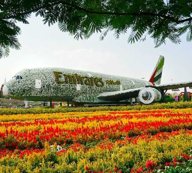 Emirates Airbus A380 is decorated with Petunia flowers at the Dubai Miracle Garden