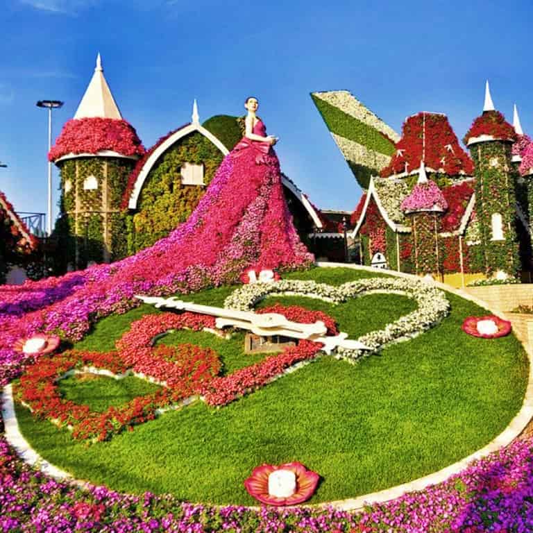 The floral diva herself is a mannequin wrapped in flowers at the Dubai Miracle Garden.