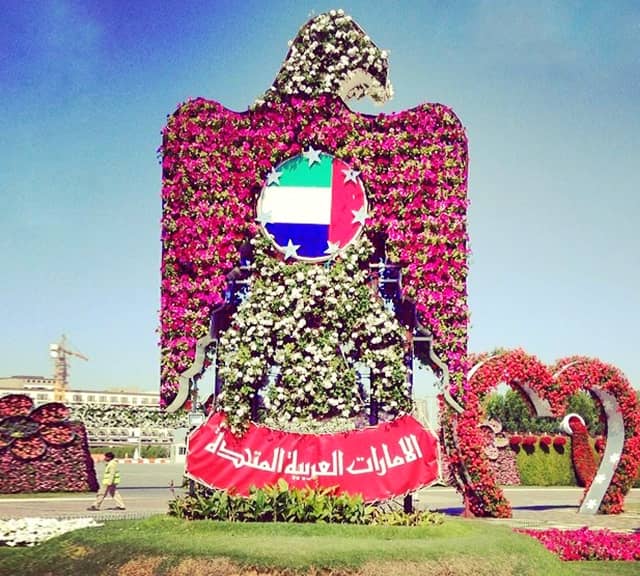Floral Falcon UAE structure at the Dubai Miracle Garden.