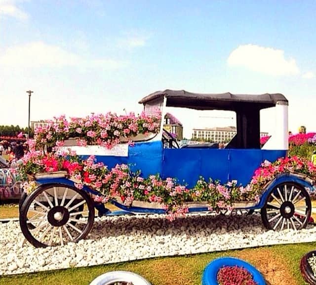Blue colored floral version of Ford's Model-T Car at the Dubai Miracle Garden