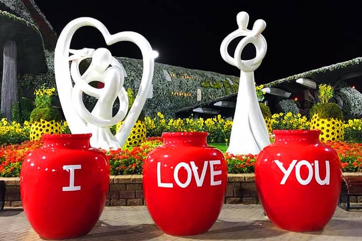 Hugging rings enclosed in Heart at Dubai Miracle Garden.