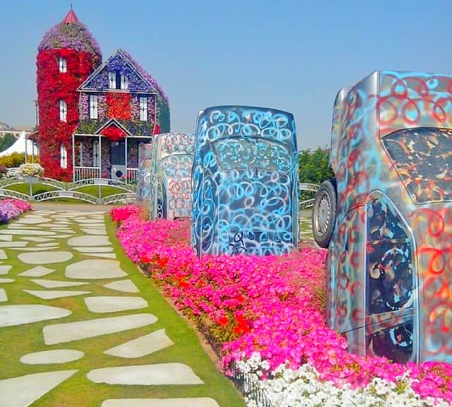 The Half Buried Cars at the Dubai Miracle Garden are decorated with Petunia and Coleuses fowers.