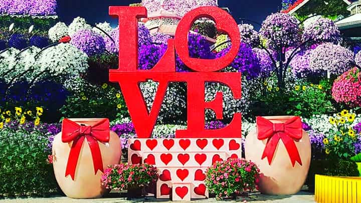 Romantic Sculpture of Love Podium at the Dubai Miracle Garden.